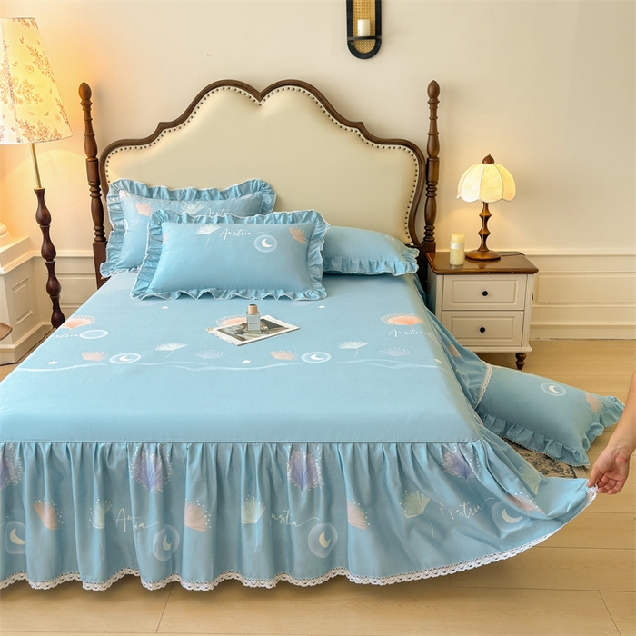 91家纺网 家纺一手货源 找家纺 缦彩 2025新款全棉纯棉磨毛印花床裙单品床裙单件单床裙花边床单三件套 花信光夕-蓝