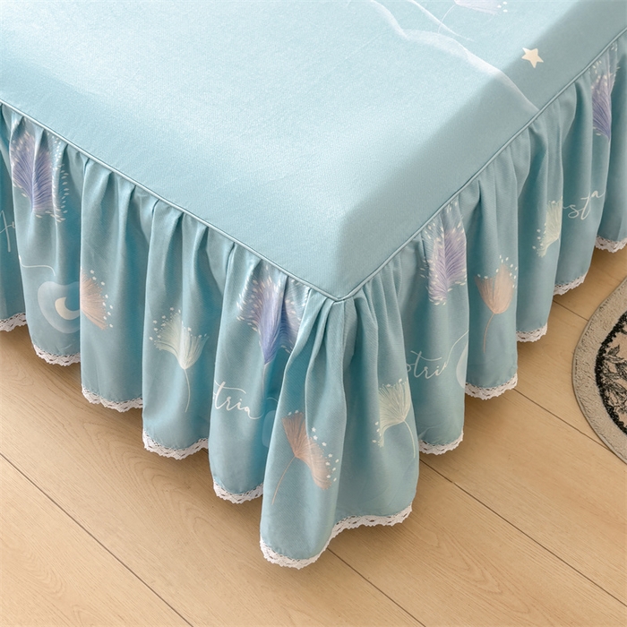 91家纺网 家纺一手货源 找家纺 缦彩 2025新款全棉纯棉磨毛印花床裙单品床裙单件单床裙花边床单三件套 花信光夕-蓝