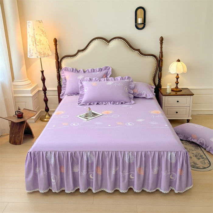 91家纺网 家纺一手货源 找家纺 缦彩 2025新款全棉纯棉磨毛印花床裙单品床裙单件单床裙花边床单三件套 花信光夕-紫