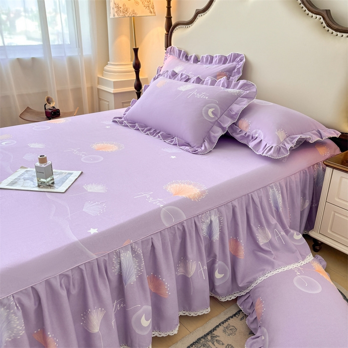 91家纺网 家纺一手货源 找家纺 缦彩 2025新款全棉纯棉磨毛印花床裙单品床裙单件单床裙花边床单三件套 花信光夕-紫