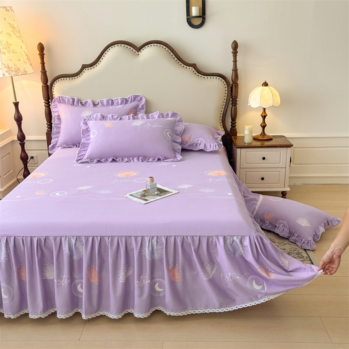 91家纺网 家纺一手货源 找家纺 缦彩 2025新款全棉纯棉磨毛印花床裙单品床裙单件单床裙花边床单三件套 花信光夕-紫