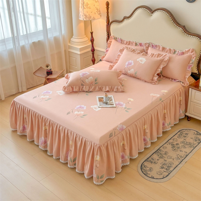 91家纺网 家纺一手货源 找家纺 缦彩 2025新款全棉纯棉磨毛印花床裙单品床裙单件单床裙花边床单三件套 花艺清梦-粉