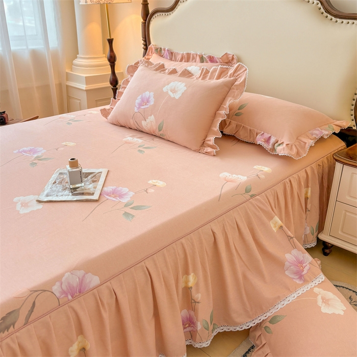 91家纺网 家纺一手货源 找家纺 缦彩 2025新款全棉纯棉磨毛印花床裙单品床裙单件单床裙花边床单三件套 花艺清梦-粉