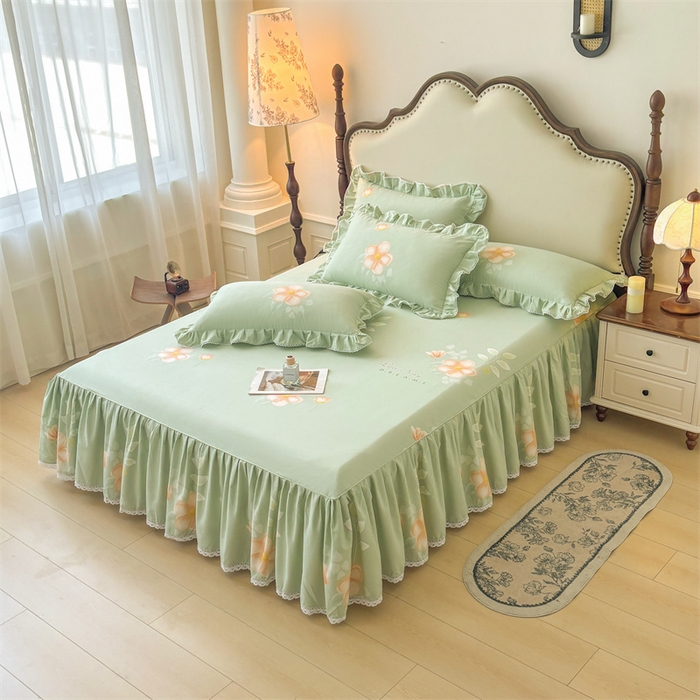 91家纺网 家纺一手货源 找家纺 缦彩 2025新款全棉纯棉磨毛印花床裙单品床裙单件单床裙花边床单三件套 槿花怒放-绿