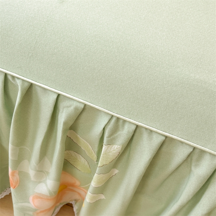 91家纺网 家纺一手货源 找家纺 缦彩 2025新款全棉纯棉磨毛印花床裙单品床裙单件单床裙花边床单三件套 槿花怒放-绿