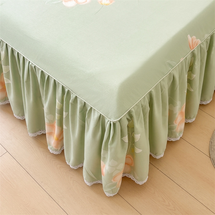 91家纺网 家纺一手货源 找家纺 缦彩 2025新款全棉纯棉磨毛印花床裙单品床裙单件单床裙花边床单三件套 槿花怒放-绿