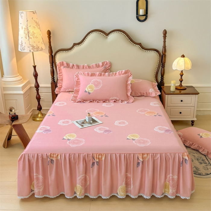 91家纺网 家纺一手货源 找家纺 缦彩 2025新款全棉纯棉磨毛印花床裙单品床裙单件单床裙花边床单三件套 落日繁华-粉