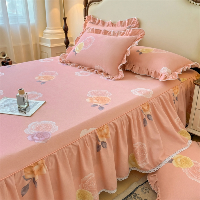 91家纺网 家纺一手货源 找家纺 缦彩 2025新款全棉纯棉磨毛印花床裙单品床裙单件单床裙花边床单三件套 落日繁华-粉