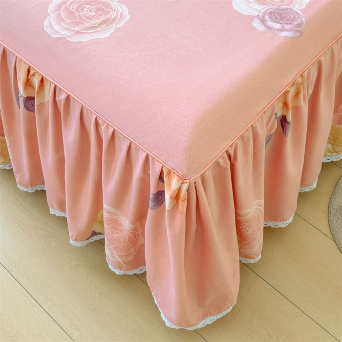 91家纺网 家纺一手货源 找家纺 缦彩 2025新款全棉纯棉磨毛印花床裙单品床裙单件单床裙花边床单三件套 落日繁华-粉