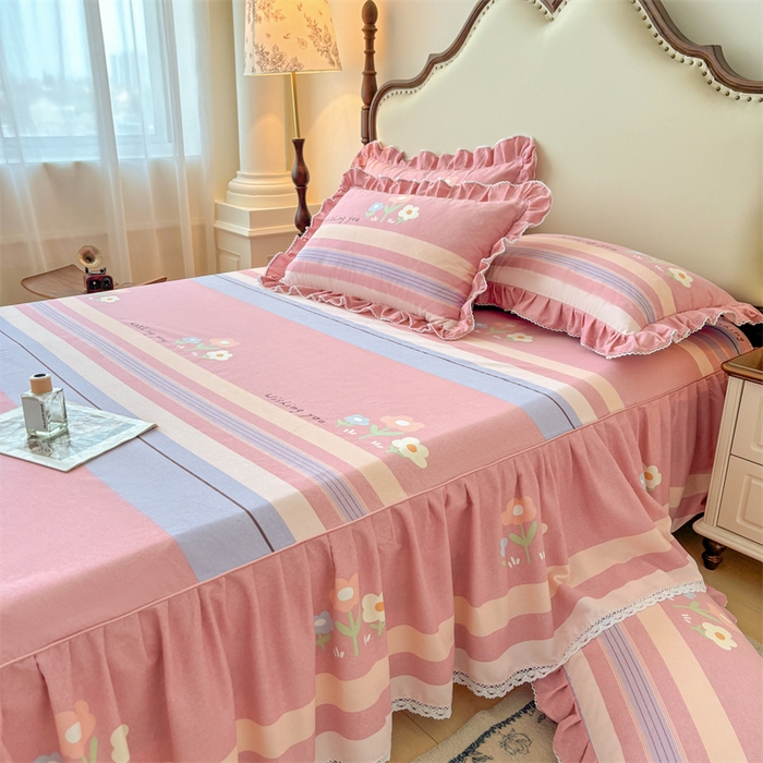 91家纺网 家纺一手货源 找家纺 缦彩 2025新款全棉纯棉磨毛印花床裙单品床裙单件单床裙花边床单三件套 浅忆雏菊-粉