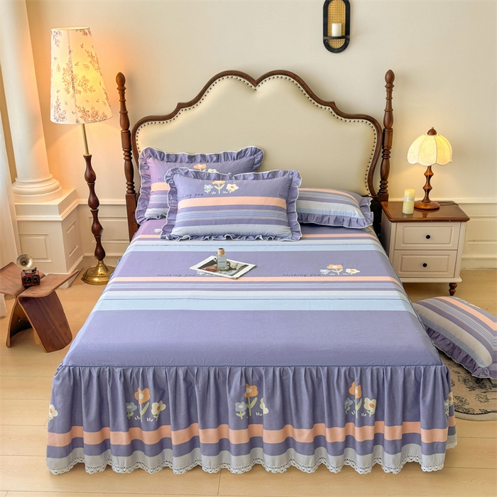 91家纺网 家纺一手货源 找家纺 缦彩 2025新款全棉纯棉磨毛印花床裙单品床裙单件单床裙花边床单三件套 浅忆雏菊-蓝