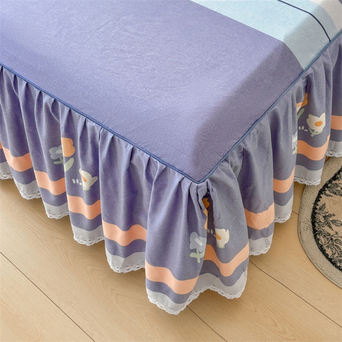 91家纺网 家纺一手货源 找家纺 缦彩 2025新款全棉纯棉磨毛印花床裙单品床裙单件单床裙花边床单三件套 浅忆雏菊-蓝