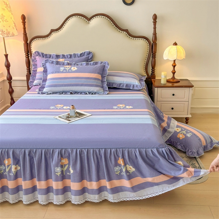 91家纺网 家纺一手货源 找家纺 缦彩 2025新款全棉纯棉磨毛印花床裙单品床裙单件单床裙花边床单三件套 浅忆雏菊-蓝