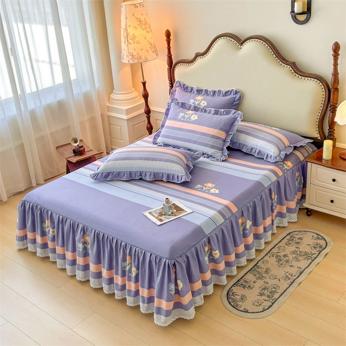 91家纺网 家纺一手货源 找家纺 缦彩 2025新款全棉纯棉磨毛印花床裙单品床裙单件单床裙花边床单三件套 浅忆雏菊-蓝