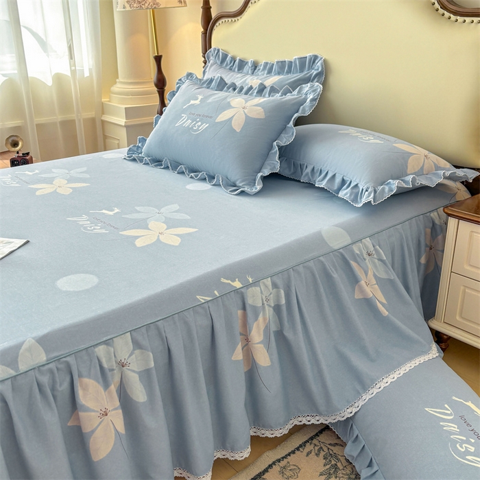 91家纺网 家纺一手货源 找家纺 缦彩 2025新款全棉纯棉磨毛印花床裙单品床裙单件单床裙花边床单三件套 幽诺花梦-蓝