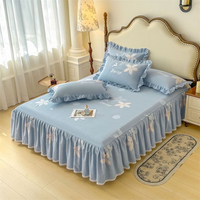 91家纺网 家纺一手货源 找家纺 缦彩 2025新款全棉纯棉磨毛印花床裙单品床裙单件单床裙花边床单三件套 幽诺花梦-蓝