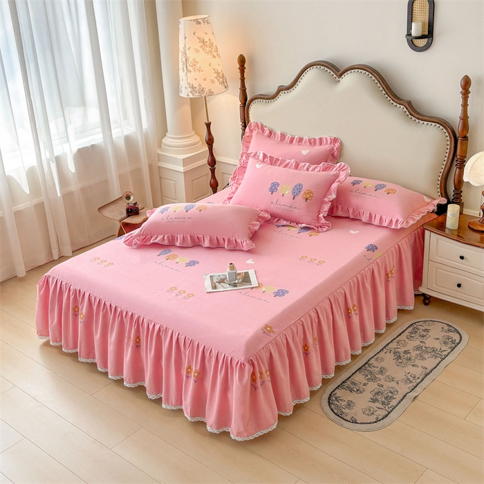 91家纺网 家纺一手货源 找家纺 缦彩 2025新款全棉纯棉磨毛印花床裙单品床裙单件单床裙花边床单三件套 珍妮粉