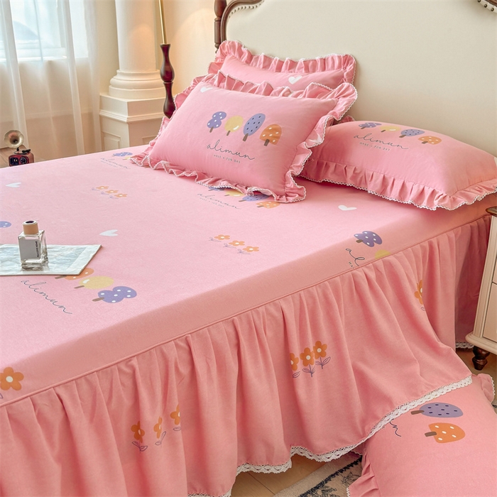 91家纺网 家纺一手货源 找家纺 缦彩 2025新款全棉纯棉磨毛印花床裙单品床裙单件单床裙花边床单三件套 珍妮粉