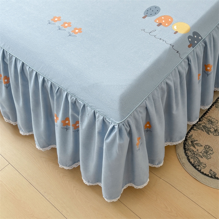 91家纺网 家纺一手货源 找家纺 缦彩 2025新款全棉纯棉磨毛印花床裙单品床裙单件单床裙花边床单三件套 珍妮蓝