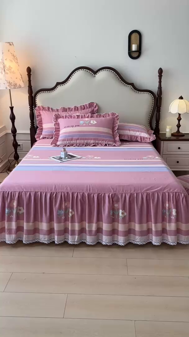 91家纺网 家纺一手货源 找家纺 （总）缦彩 2025新款全棉纯棉磨毛印花床裙单品床裙单件单床裙花边床单三件套