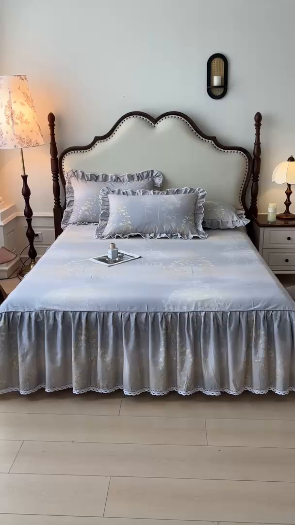 91家纺网 家纺一手货源 找家纺 缦彩 2025新款全棉纯棉磨毛印花床裙单品床裙单件单床裙花边床单三件套 安娜丽丝灰