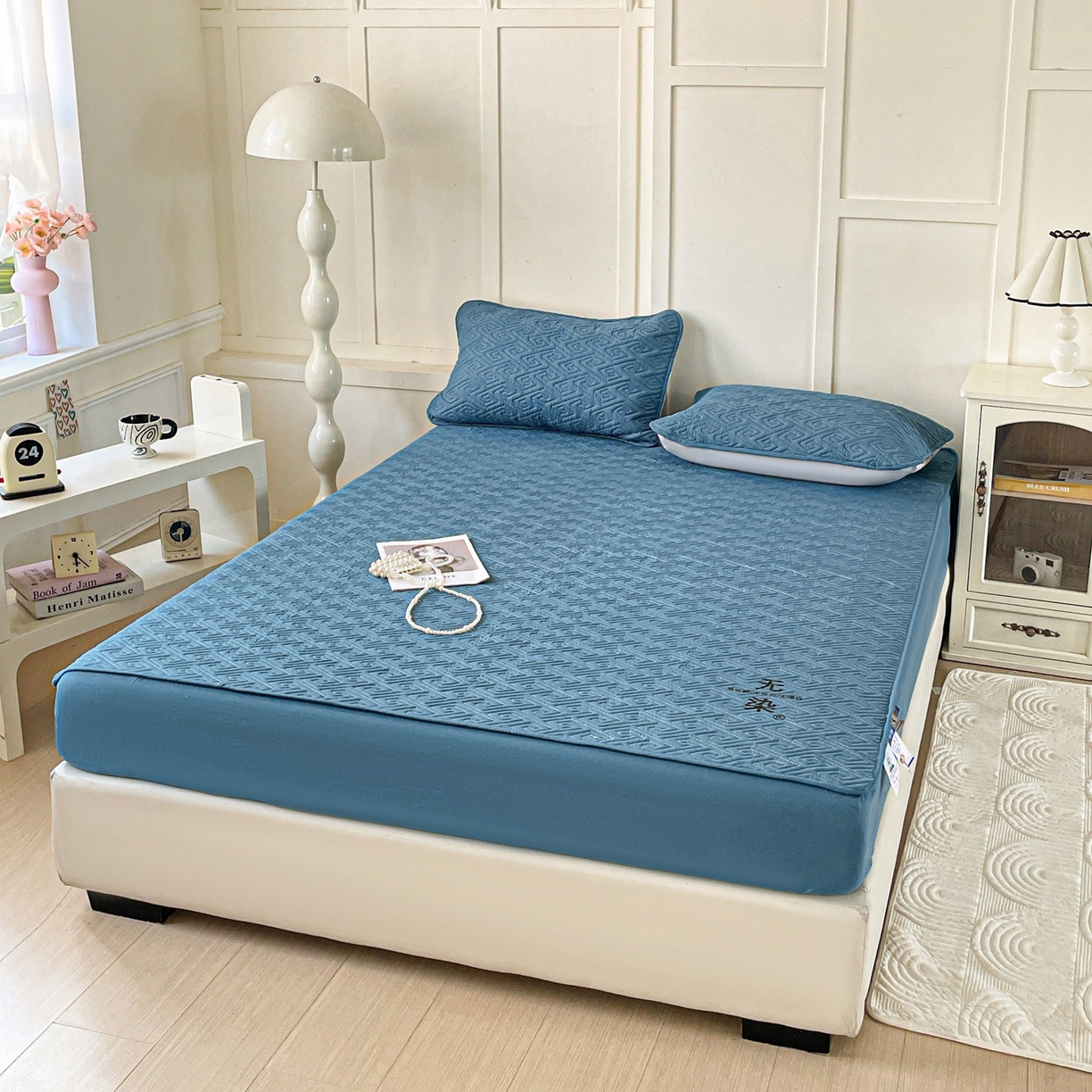 91家纺网 家纺一手货源 找家纺 娜娜 2025新款无染A类亲肤磨毛床笠 无染-湖蓝