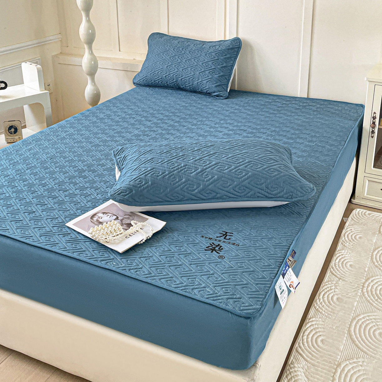 91家纺网 家纺一手货源 找家纺 娜娜 2025新款无染A类亲肤磨毛床笠 无染-湖蓝