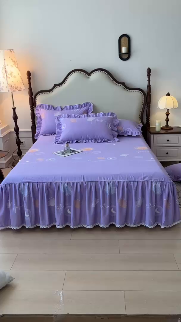 91家纺网 家纺一手货源 找家纺 缦彩 2025新款全棉纯棉磨毛印花床裙单品床裙单件单床裙花边床单三件套 花信光夕-紫