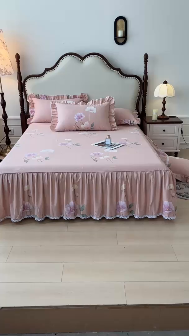 91家纺网 家纺一手货源 找家纺 缦彩 2025新款全棉纯棉磨毛印花床裙单品床裙单件单床裙花边床单三件套 花艺清梦-粉