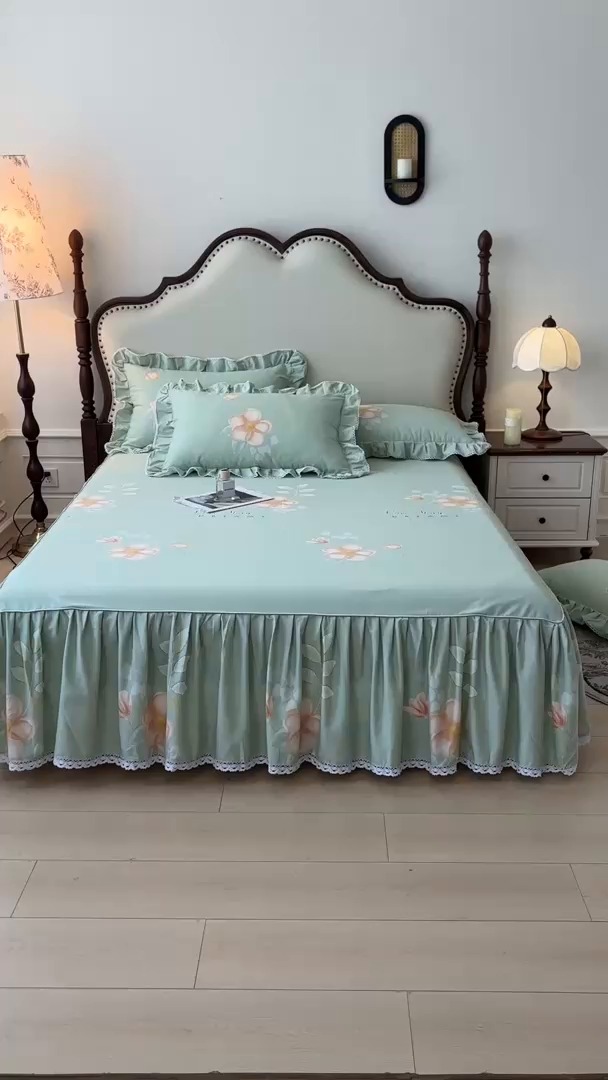 91家纺网 家纺一手货源 找家纺 缦彩 2025新款全棉纯棉磨毛印花床裙单品床裙单件单床裙花边床单三件套 槿花怒放-绿