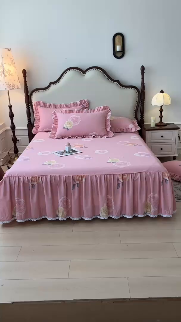 91家纺网 家纺一手货源 找家纺 缦彩 2025新款全棉纯棉磨毛印花床裙单品床裙单件单床裙花边床单三件套 落日繁华-粉