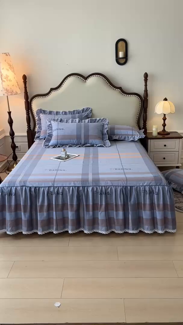 91家纺网 家纺一手货源 找家纺 缦彩 2025新款全棉纯棉磨毛印花床裙单品床裙单件单床裙花边床单三件套 索伦格