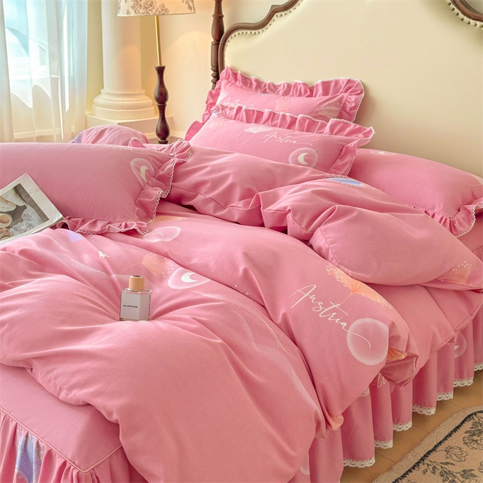 缦彩 2025新款全棉纯棉磨毛公主风花边床裙四件套 花信光夕粉