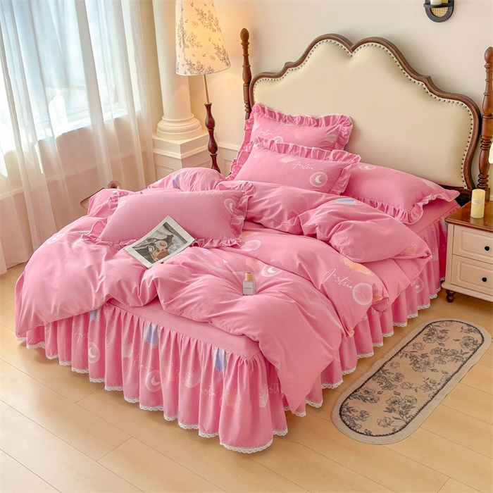 91家纺网 家纺一手货源 找家纺 缦彩 2025新款全棉纯棉磨毛公主风花边床裙四件套 花信光夕粉