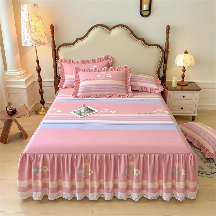 91家纺网 家纺一手货源 找家纺 缦彩 2025新款全棉纯棉磨毛公主风花边床裙四件套 浅忆雏菊-粉