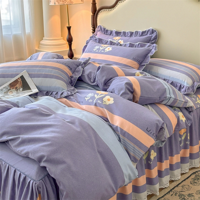 91家纺网 家纺一手货源 找家纺 缦彩 2025新款全棉纯棉磨毛公主风花边床裙四件套 浅忆雏菊-蓝