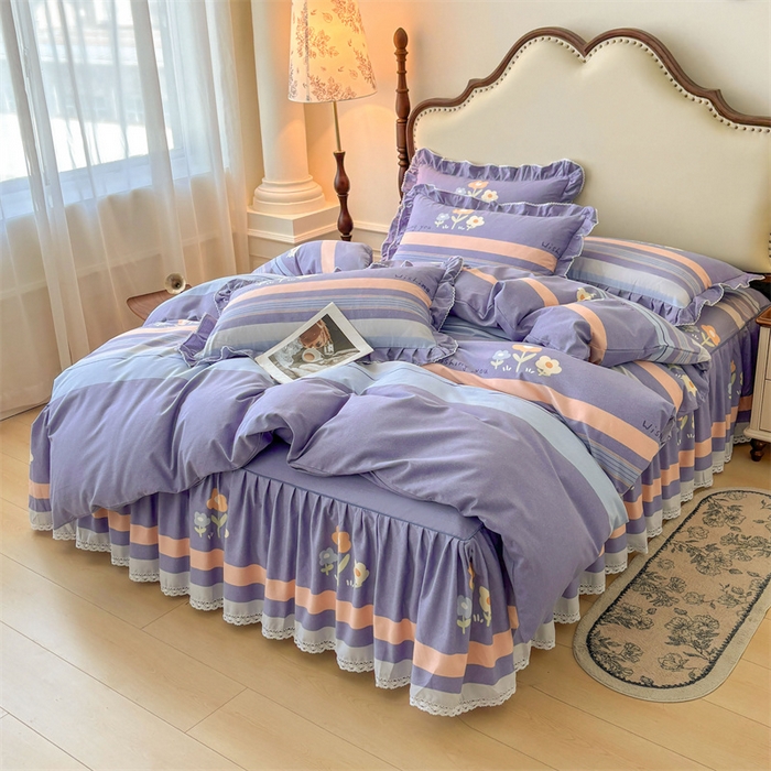 91家纺网 家纺一手货源 找家纺 缦彩 2025新款全棉纯棉磨毛公主风花边床裙四件套 浅忆雏菊-蓝