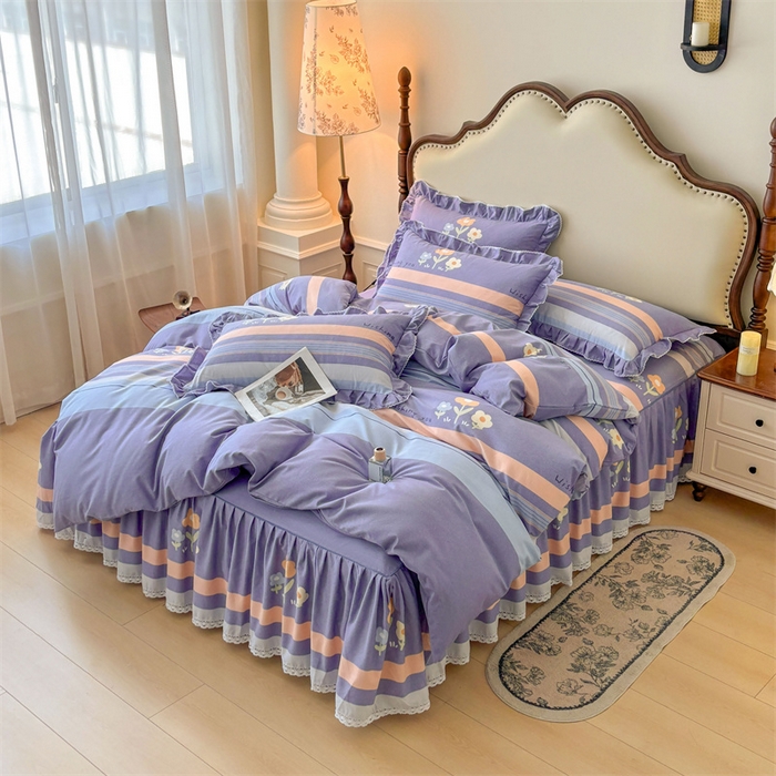 91家纺网 家纺一手货源 找家纺 缦彩 2025新款全棉纯棉磨毛公主风花边床裙四件套 浅忆雏菊-蓝