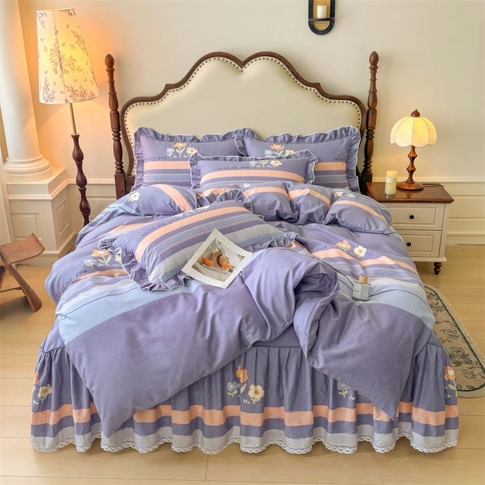 91家纺网 家纺一手货源 找家纺 缦彩 2025新款全棉纯棉磨毛公主风花边床裙四件套 浅忆雏菊-蓝