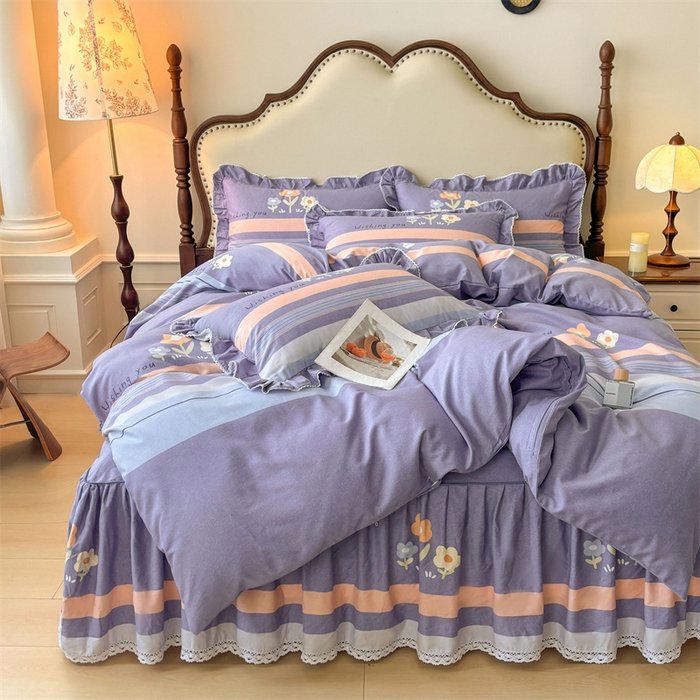 91家纺网 家纺一手货源 找家纺 缦彩 2025新款全棉纯棉磨毛公主风花边床裙四件套 浅忆雏菊-蓝