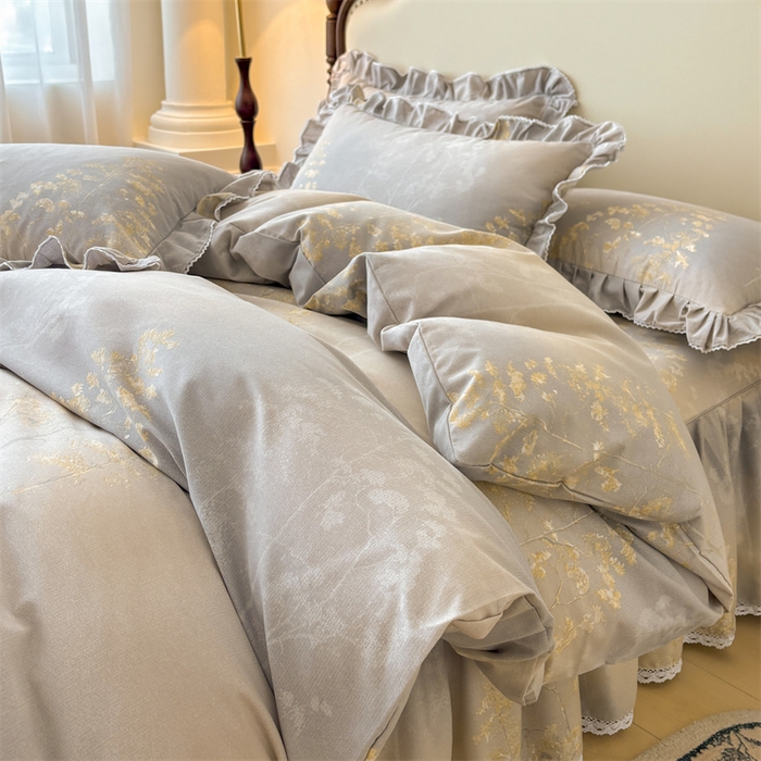 缦彩 2025新款全棉纯棉磨毛公主风花边床裙四件套 安娜丽丝灰