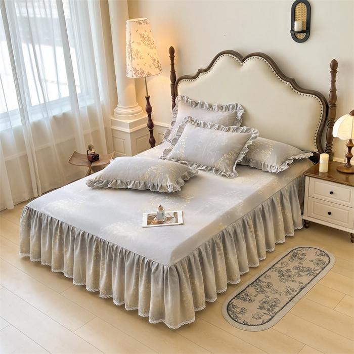 91家纺网 家纺一手货源 找家纺 缦彩 2025新款全棉纯棉磨毛公主风花边床裙四件套 安娜丽丝灰