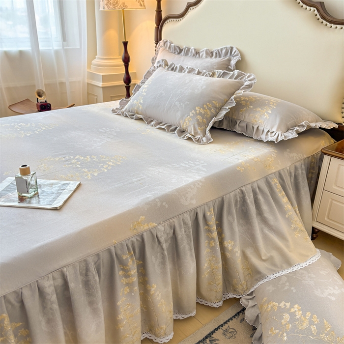 91家纺网 家纺一手货源 找家纺 缦彩 2025新款全棉纯棉磨毛公主风花边床裙四件套 安娜丽丝灰