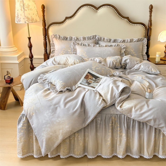 91家纺网 家纺一手货源 找家纺 缦彩 2025新款全棉纯棉磨毛公主风花边床裙四件套 安娜丽丝灰