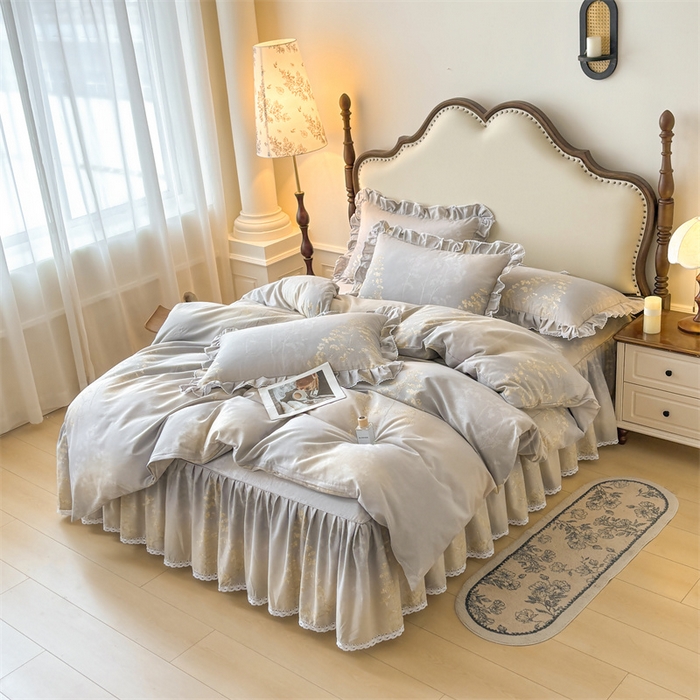 91家纺网 家纺一手货源 找家纺 缦彩 2025新款全棉纯棉磨毛公主风花边床裙四件套 安娜丽丝灰