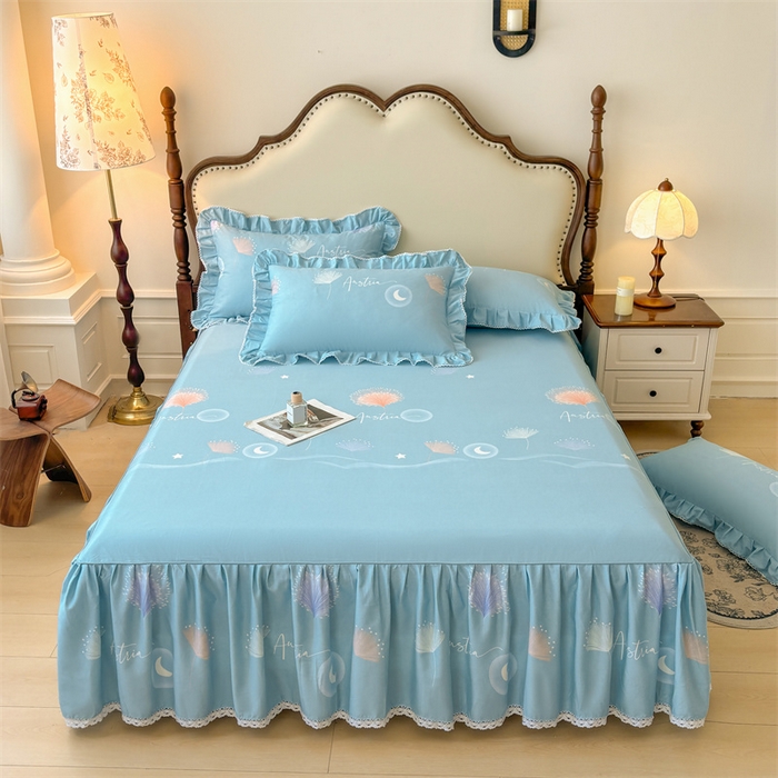 91家纺网 家纺一手货源 找家纺 缦彩 2025新款全棉纯棉磨毛公主风花边床裙四件套 花信光夕-蓝