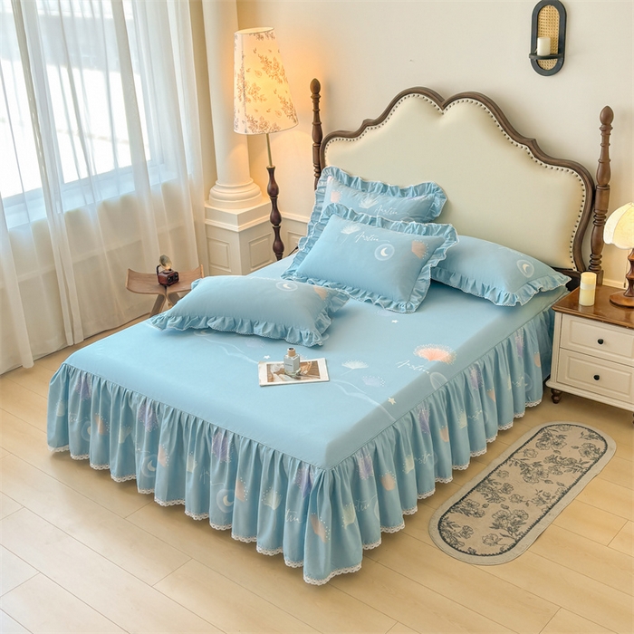 91家纺网 家纺一手货源 找家纺 缦彩 2025新款全棉纯棉磨毛公主风花边床裙四件套 花信光夕-蓝