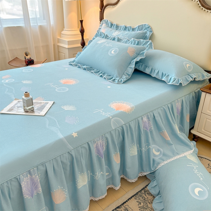 91家纺网 家纺一手货源 找家纺 缦彩 2025新款全棉纯棉磨毛公主风花边床裙四件套 花信光夕-蓝