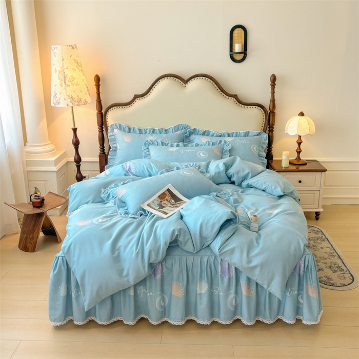 91家纺网 家纺一手货源 找家纺 缦彩 2025新款全棉纯棉磨毛公主风花边床裙四件套 花信光夕-蓝