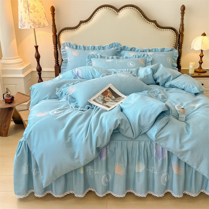 91家纺网 家纺一手货源 找家纺 缦彩 2025新款全棉纯棉磨毛公主风花边床裙四件套 花信光夕-蓝